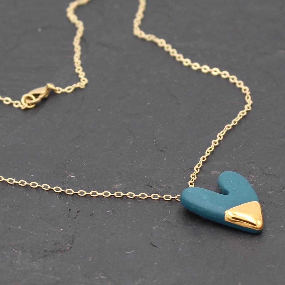 Teal & Gold Heart Porcelain Necklace