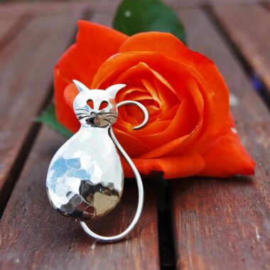 Perfect gifts for cat lovers. Lucky Cat Brooch handcrafted from Alpaca Silver. Made in Ireland by Kieran Cunningham, Wicklow