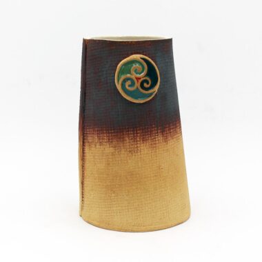 Celtic Spiral Ceramic Vase, handmade in Ireland from textured stoneware clay with glazed triple spiral design. Made in Ireland by Michelle Butler Ceramics