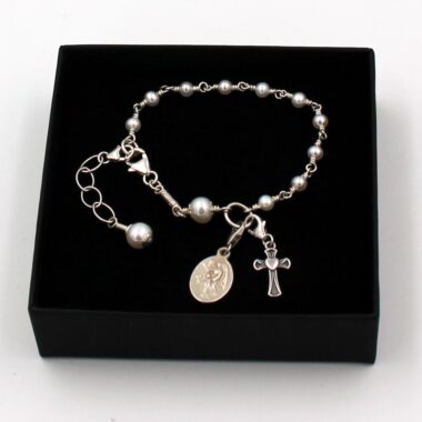 Communion rosary bracelet with angel medal and cross, pearls. made in Ireland