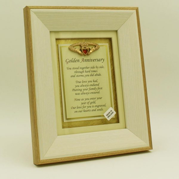Golden Wedding Anniversary Poem with Claddagh set in a wooden frame, made in Ireland