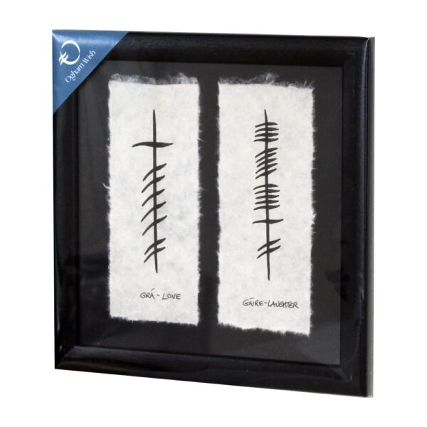 Love-Laughter Ogham script with English and Irish wording. On handmade paper in a wood frame. Made in Ireland