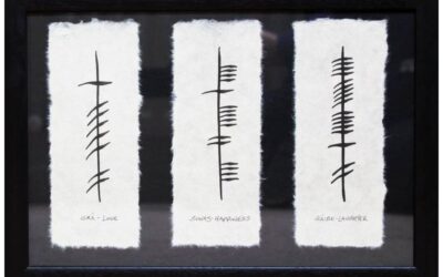 Love-Happiness-Laughter Ogham script with Irish and English wording, on handmade paper in a large wood frame, made by Ogham Wish in Ireland