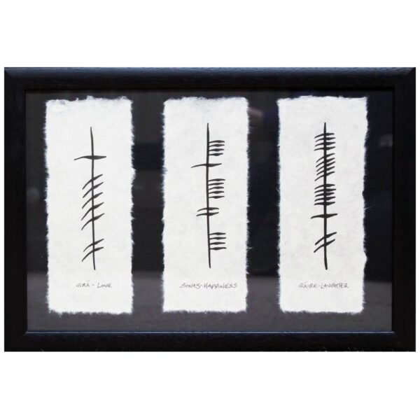 Love-Happiness-Laughter Ogham script with Irish and English wording, on handmade paper in a large wood frame, made by Ogham Wish in Ireland