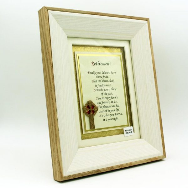 Retirement Poem, lovely leaving gift with sentimental poem and golden 3D Celtic Cross in a wooden frame