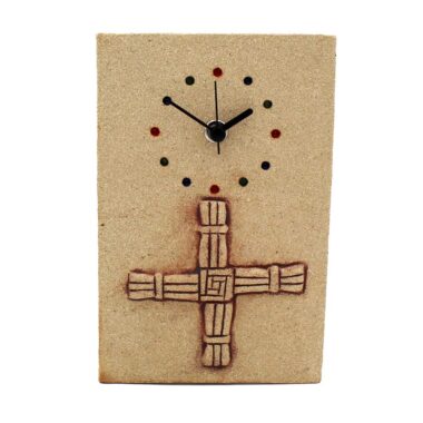 Ceramic St. Brigid's Cross Clock, small wall clock with rustic look and feel, handmade in Ireland