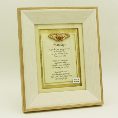 Marriage Poem with Claddagh emblem set in a wooden frame, made in Ireland