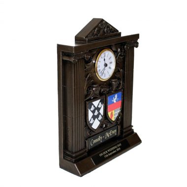 Bronze clock with both coats of arms, wedding gifts or wedding anniversary gifts made in Ireland