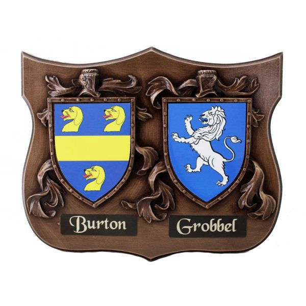 Coat of arms plaque for both family names, quality bronze gift made in Ireland