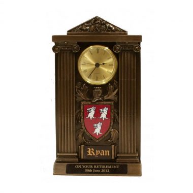 personalised coat of arms clock made in Ireland. Family crest gift