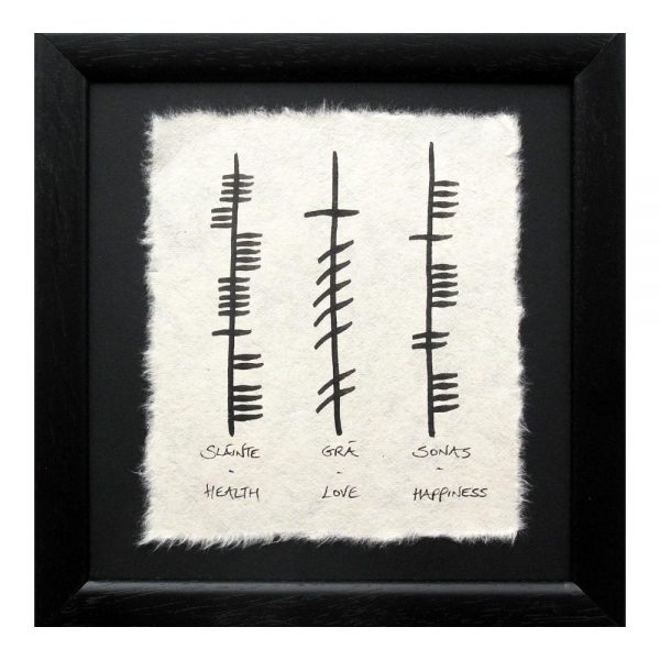 Ogham Style Small Frame, Health, Love and Happiness written in Ogham, Irish and English, made in Ireland