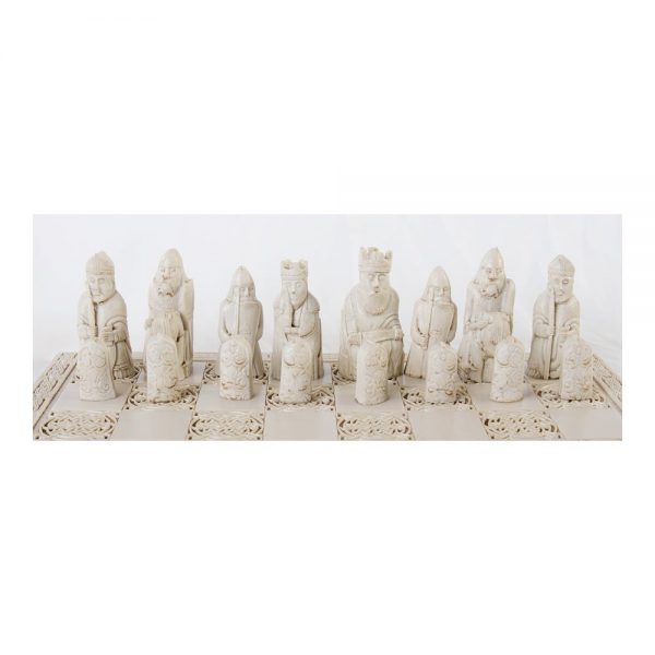 The white pieces of the Isle of Lewis chess set made in Ireland