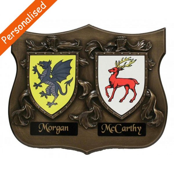 Coat of arms plaque for both family names, quality bronze gift made in Ireland