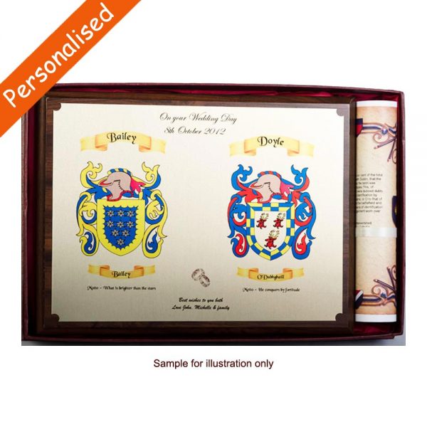 Heraldic Engagement Plaque, family crests engraved on brass plate on wooden plaque with history scroll, made in Ireland
