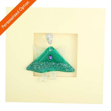 Green Angel Card handmade in Ireland. fused glass by King's Forge