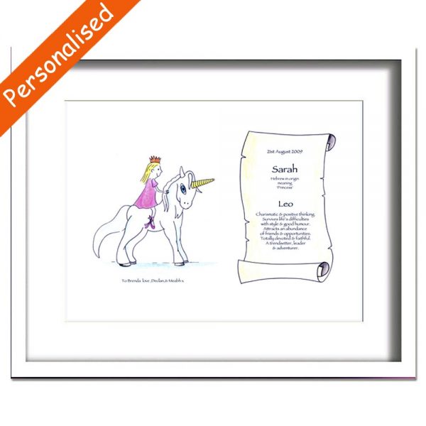 Personalised Princess and Unicorn Framed Print. Made in Ireland