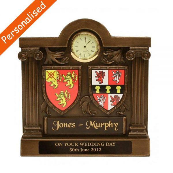Double coat of arms clock, bronze gift made in Ireland