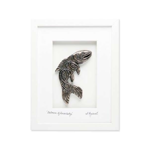 Salmon of Knowledge framed bronze, white frame, gifts made in Ireland by Rynhart