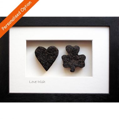 A heart and a shamrock made from Irish peat turf, love Irish gifts, the love of Ireland