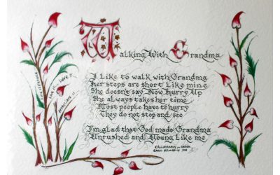 Walking with Grandma, a sweet and true verse in beautiful calligraphy and colourful artwork, made in Ireland