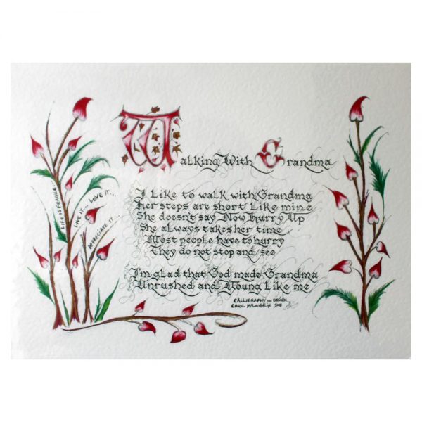 Walking with Grandma, a sweet and true verse in beautiful calligraphy and colourful artwork, made in Ireland