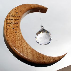 valentine presents for her, crystal and wooden sun catcher 'I love you to the moon and back'