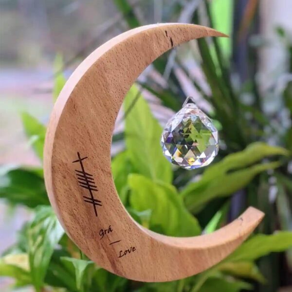 Large size Grá - Love Ogham Suncatcher. Laser engraved wood and crystal suncatcher handmade in Ireland by Artwood