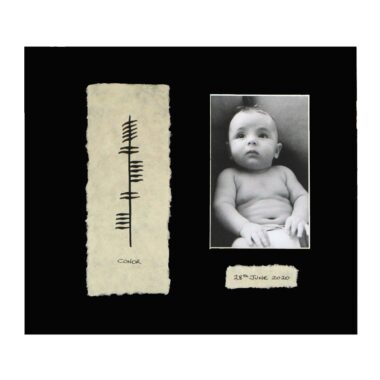 Personalised Baby Photo Frame with ancient Irish script of Ogham, handmade in Ireland by Ogham Wishes