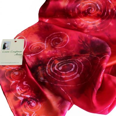 Celtic Spiral Silk Scarf, pink, handpainted in Ireland by Louise Loughman