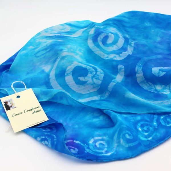 Celtic Spiral Silk Scarf, blue with Celtic spiral design, handmade in Ireland from silk satin