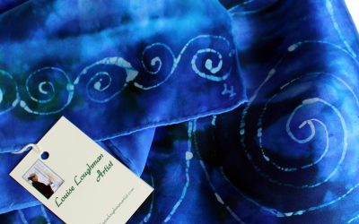 silk scarf gifts for women Ireland, handpainted in blue with Celtic Spiral design, made in Ireland