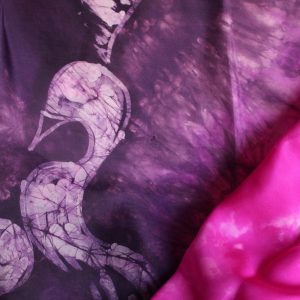 Silk Scarf depicting the children of Lir, vibrant pink and purple colours, handpainted in Ireland