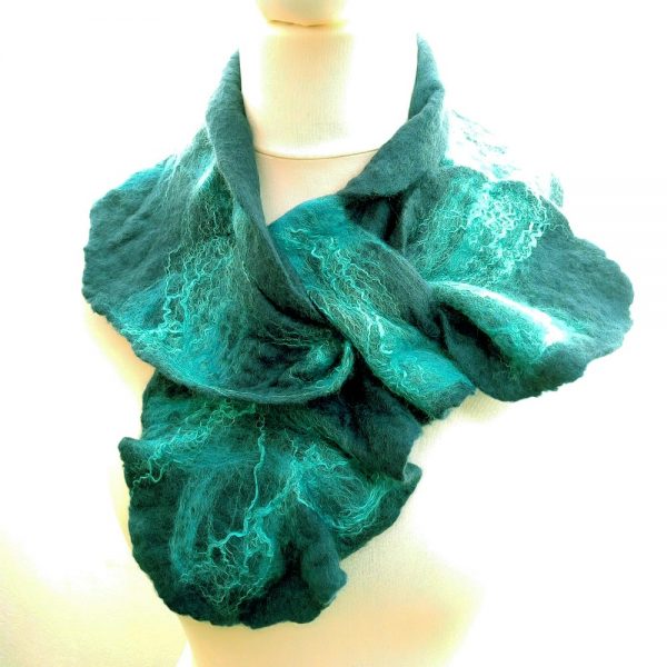 Blue and turquoise felt ruffle collar scarf, handmade in Ireland by Jayne Gillan Designs