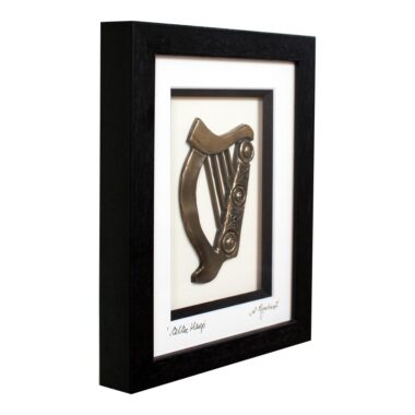 Celtic Harp Bronze Art in a frame, handmade by Rynhart, Co. Cork, option to personalise