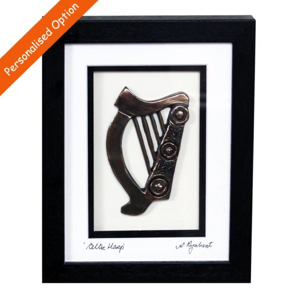 Celtic Harp Bronze Art in a frame, handmade by Rynhart, Co. Cork, option to personalise