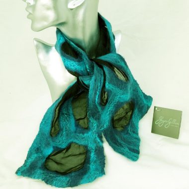 Valentia Felted Silk Necktie with blue and turquoise colours, handmade in Ireland by Jayne Gillan Designs
