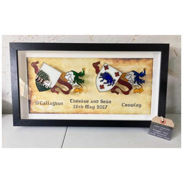Double glass coat of arms gift in a frame, handmade in Ireland