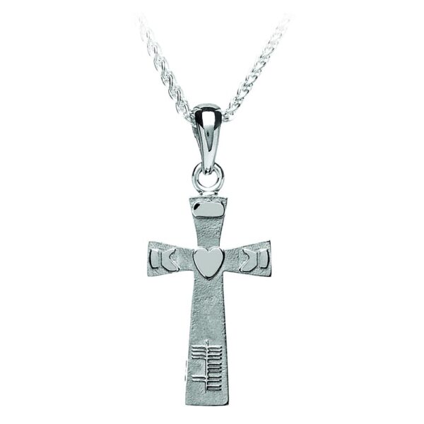 Claddagh Ogham Cross Necklace, silver cross with a Claddagh and 'love' in Ogham, made in Ireland by Boru Jewellery