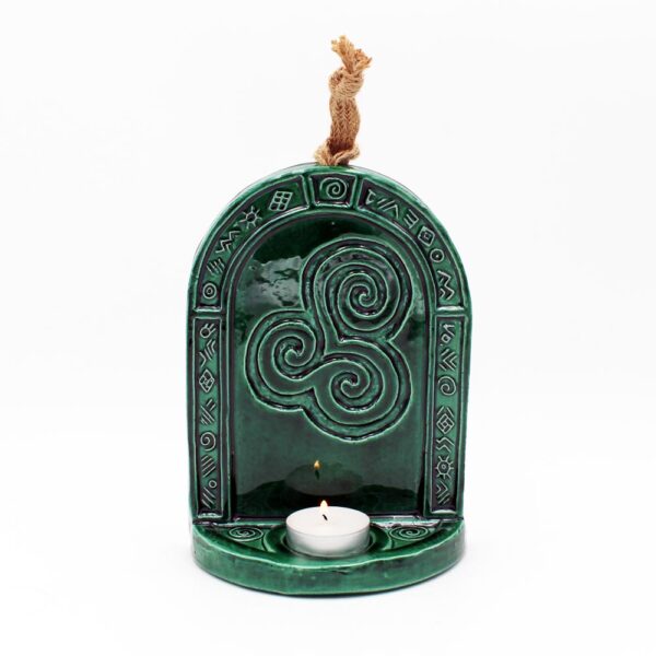 Triple Spiral Candle Wall, ceramic t-light holder, Emerald Green colour. Made in Ireland by Callura Pottery