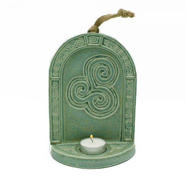 Triple Spiral Candle Wall Sconce handmade in Ireland, green-copper colour, for tea lights
