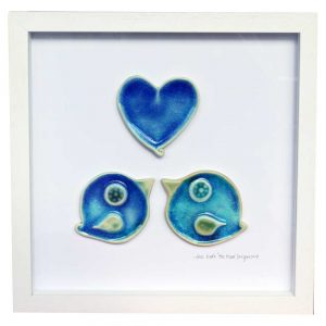 Love Birds, ceramic heart and two love birds in a white wooden frame, made in Ireland