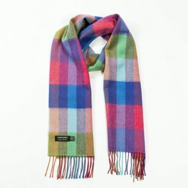 Luxury Merino Wool Scarf Rainbow, lots of vibrant colours, 100% fine brushed merino wool, scarf made in Ireland by John Hanly