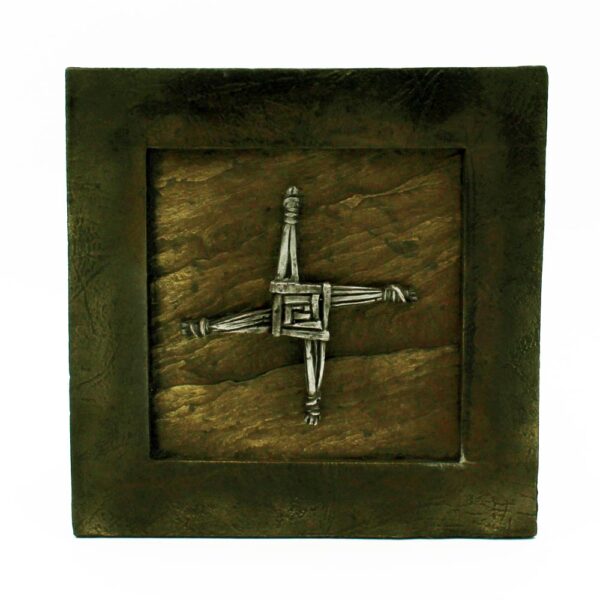 St Brigid's Cross Plaque, handmade in Ireland with limestone and contrasting bronze and pewter