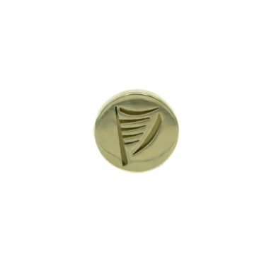 Irish Harp Lapel Pin, solid brass disc, engraved with a contemporary style Irish Harp. Handmade in Ireland by Millet Wade, Co Westmeath.