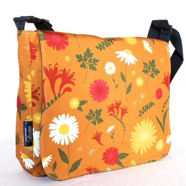Large Messenger Bag Orange Daisy by Sallyann handbags, showerproof bag with denim lining, handmade in Ireland