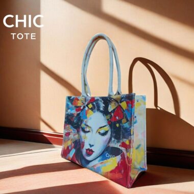 Geisha Tote Bag with colourful artwork of a beautiful Geisha. Heavy duty cotton canvas tote bag. Made in Ireland by Chic Tote