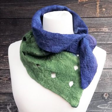 hand dyed neckerchief blue and green felted scarf gifts for women, handmade in Ireland