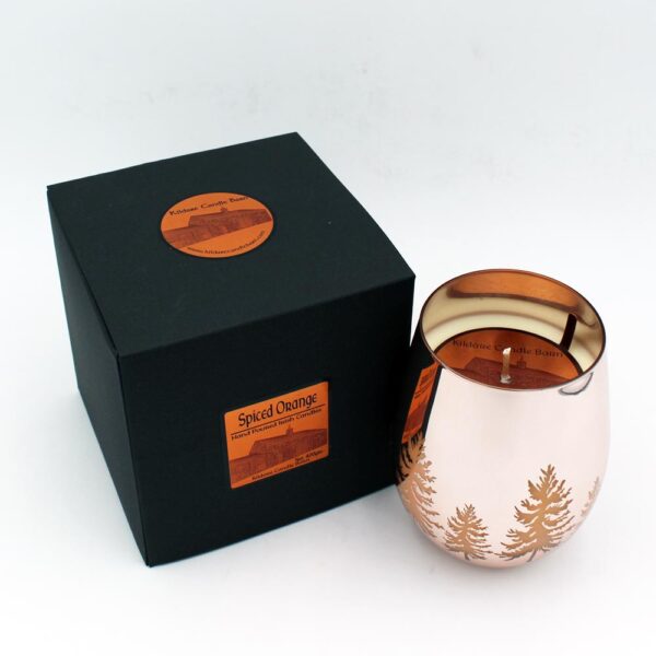 Christmas Candle in an etched rose gold holder, fragranced with spiced orange. Handmade in Ireland.