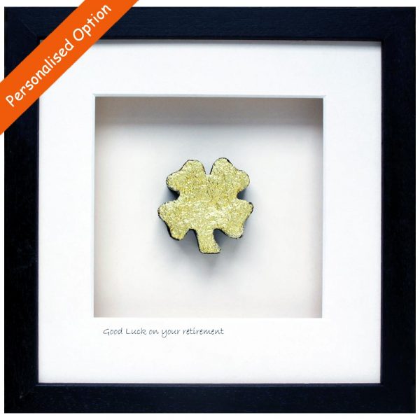 four leaf clover retirement gift, shape cut from peat bog, made in Ireland