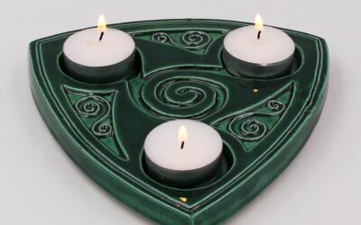 Triskele Candle Holder, emeral green, pottery made in Ireland by Callura Pottery